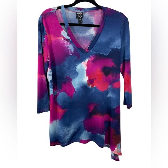 Clara Sunwoo Multicolor Abstract Print Cut Out V-Neck Asymmetric Tunic Top Sz XS - Picture 1 of 5